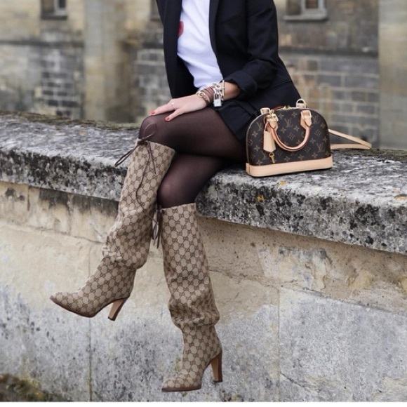 New GUCCI Lisa boots GG monogram beige CANVAS KNEE-HIGH Lisa heeled boots - Picture 4 of 10